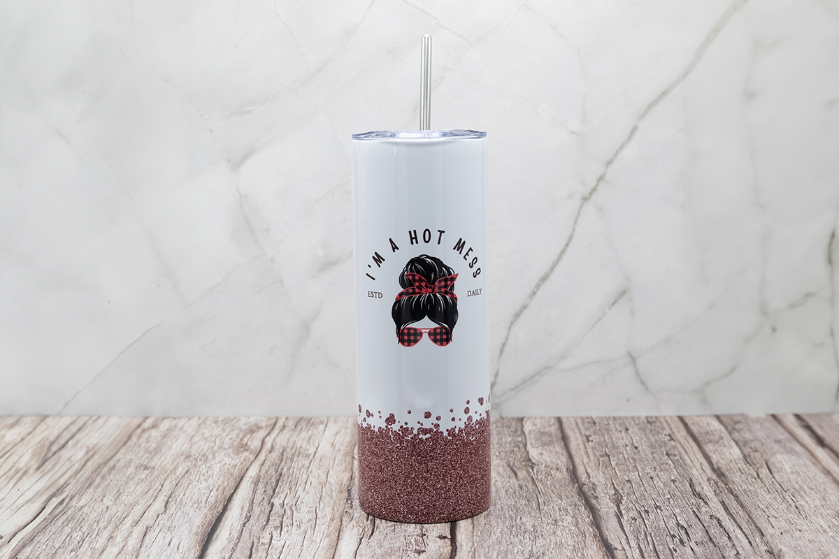 20oz Tumbler - Im A Hot Mess Pink Glitter - Front