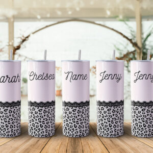 Personalized Blush Pink and Black Leopard Lace 20oz Skinny Steel Tumbler with Straw