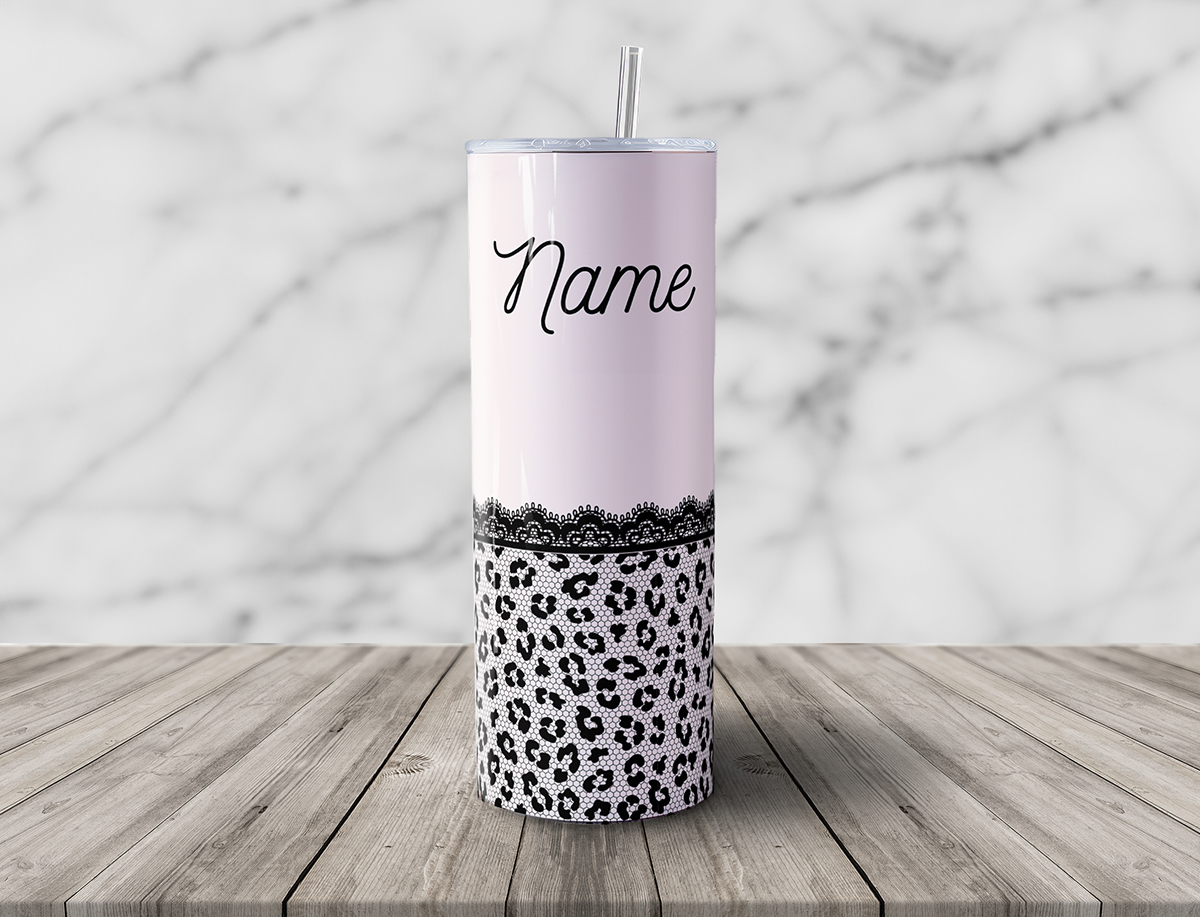 Personalized Blush Pink and Black Leopard Lace 20oz Skinny Steel Tumbler with Straw - Image 10