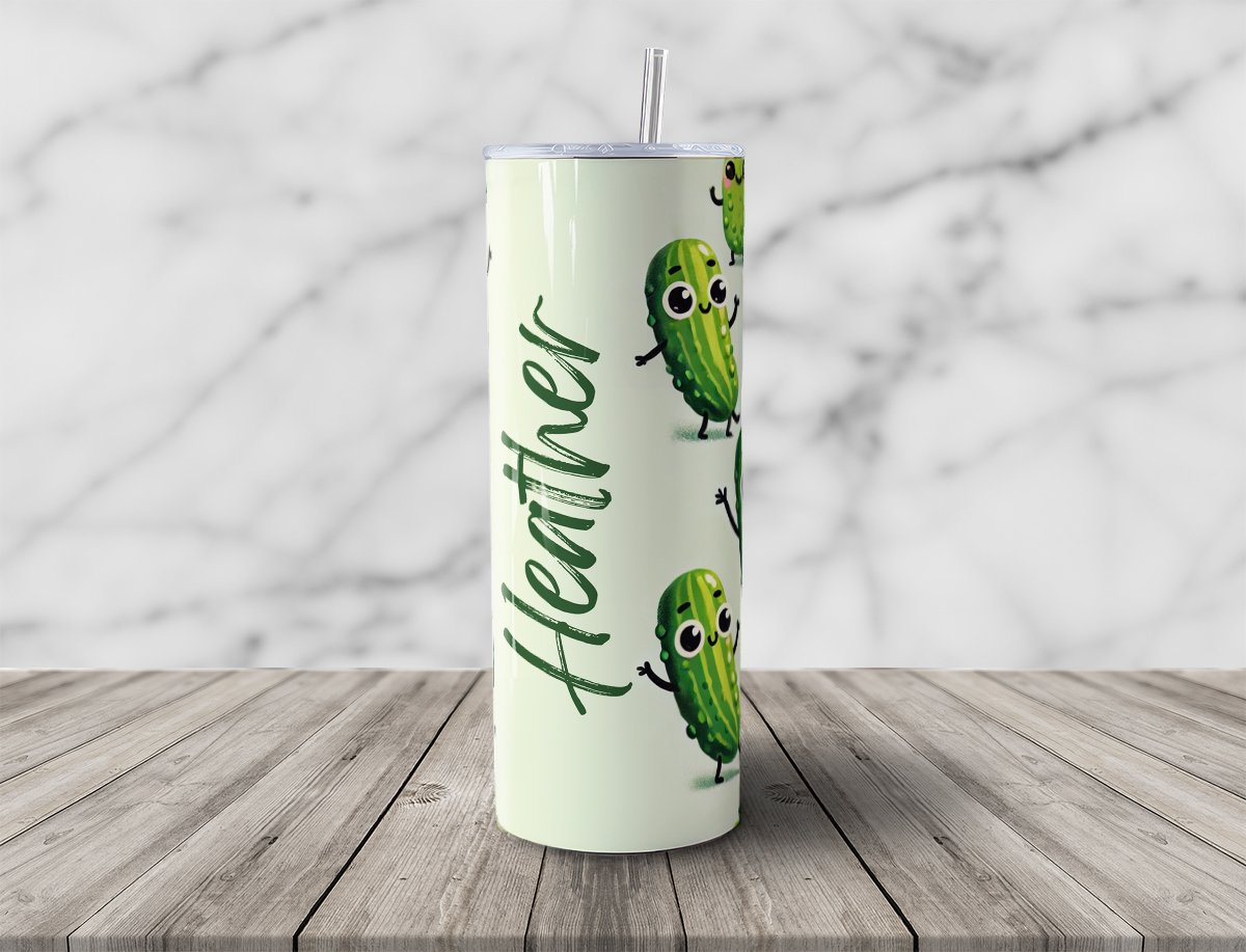 Custom Name and Pickle 20oz Skinny Steel White Tumbler with Straw - Image 3